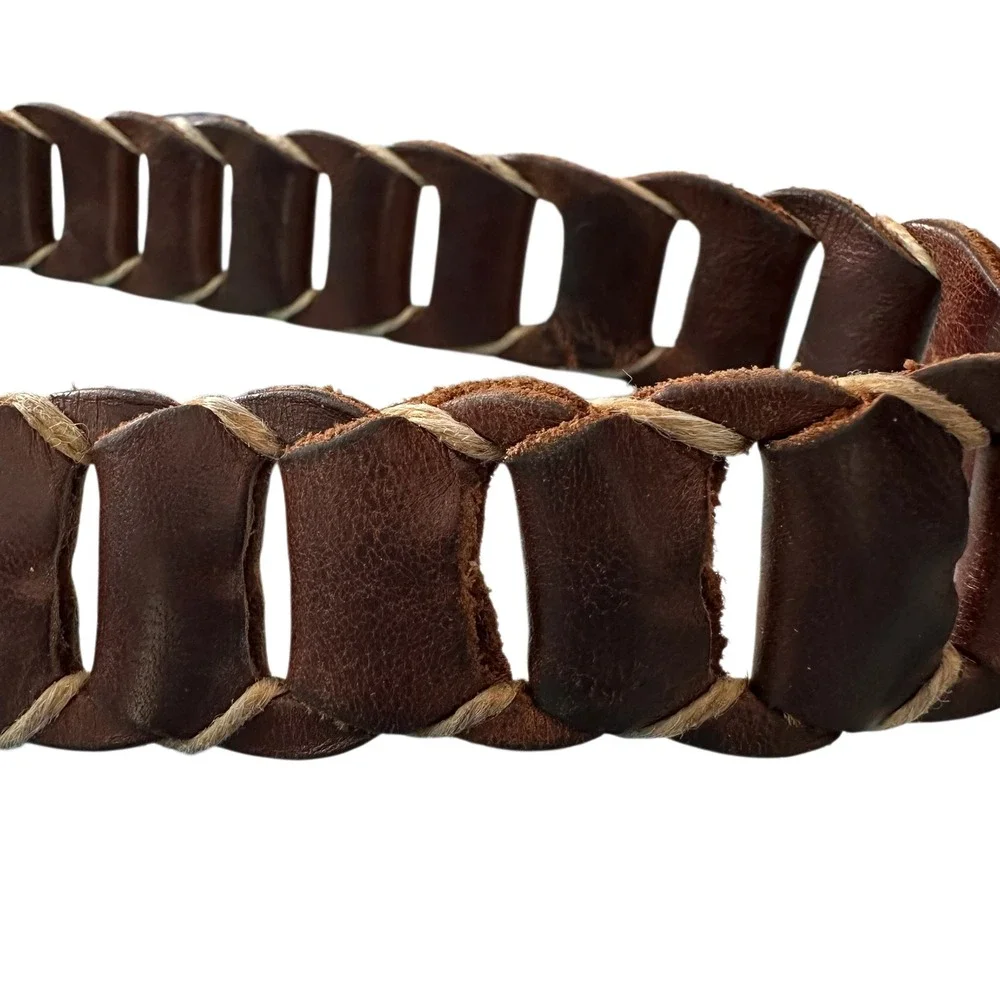 Great Land Mens M (34) Brown Leather Woven Belt Antiqued Brass Buckle